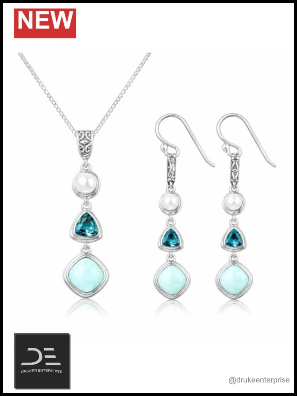 Genuine Larimar Necklace & Earring Set 925 Sterling Silver with Blue Topaz